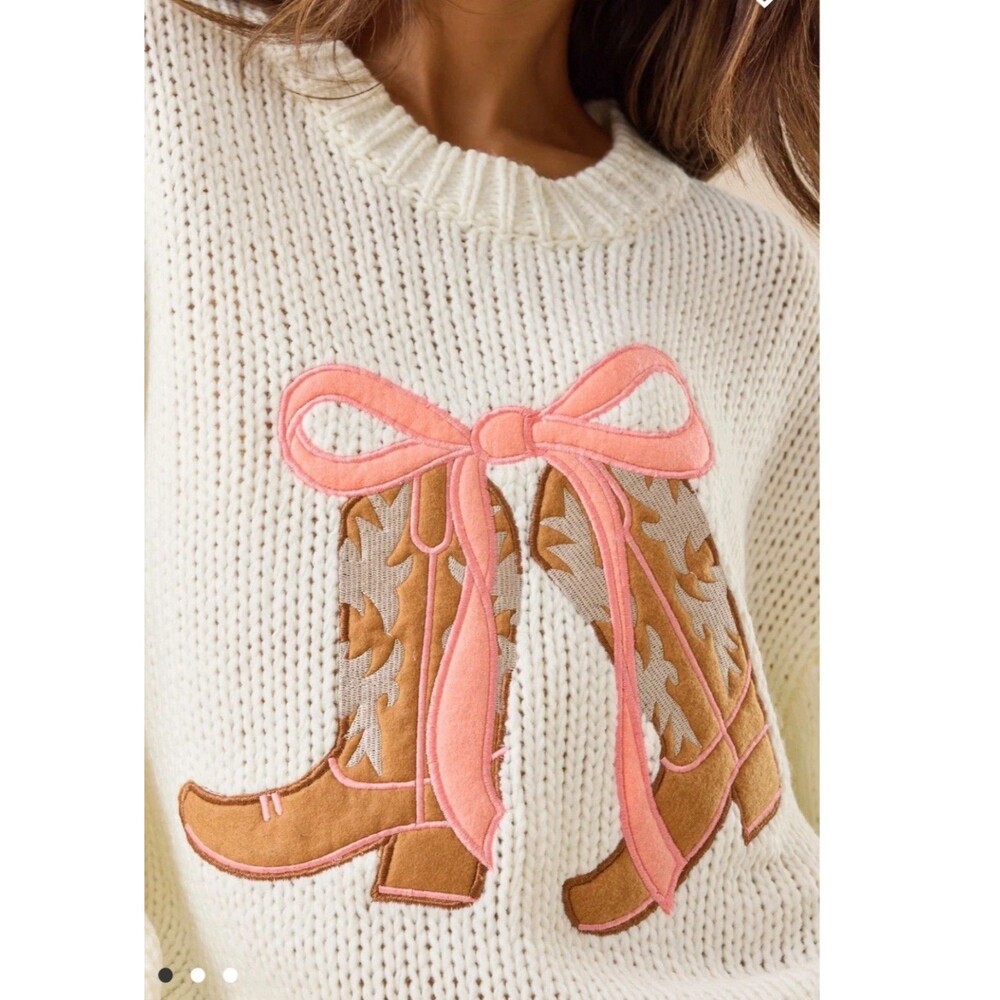 Altar'd State Women's XL Knit Cowgirl Sweater Jessie Boot and Pink Bow Cowboy - Picture 3 of 10